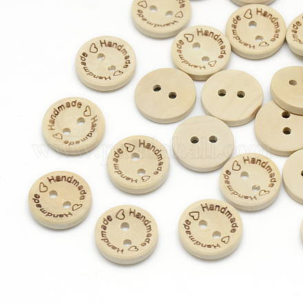 印刷された木製の縫製ボタン  2穴  フラットラウンド  ナバホホワイト  15x3~4mm  穴：2mm  約100個/袋 BUTT-Q036-13-1