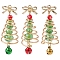 3Pcs Glass & Alloy Pendants, with  Brass Bell & Golden Copper Wire, Christmas Tree with Bowknot, Mixed Color, 44x15x15mm, Hole: 1.2mm