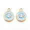 304 Stainless Steel Pendants, with Enamel, Flat Round with Fish Charms, Ion Plating(IP), Real 18K Gold Plated, Light Sky Blue, 16.5x13x2mm, Hole: 2.5mm