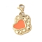 Rectangle with Heart 304 Stainless Steel Enamel Pendant Decoration, with Lobster Claw Clasps, PVD Vacuum Plating, Real 18K Gold Plated, Coral, 28mm, Pendant: 19.5x15.5x3mm