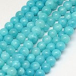 Chapelets de perles en jade jaune naturel, teinte, ronde, turquoise foncé, 10mm, Trou: 1mm, Environ 40 pcs/chapelet, 15.75 pouce