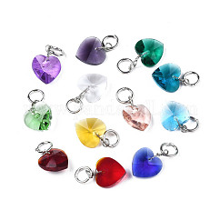 Colgantes de vidrio transparente facetado, con anillo de salto de hierro, corazón, color mezclado, 13~14x10x5~6mm, agujero: 4 mm