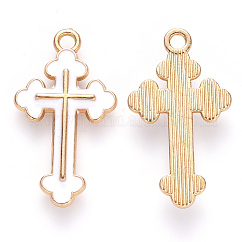 Pendentifs d'émail en alliage, croix, or clair, blanc, 25x14x2mm, Trou: 1.8mm