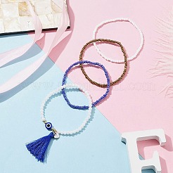 4 Stück 4-teiliges Stretch-Armband-Set mit Perlen aus Glassamen und Harz mit bösem Blick&nbsp;BJEW-JB09896-01
