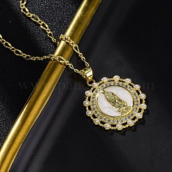 Collane con ciondolo a forma di vergine maria in ottone con zirconi cubici trasparenti e rotondi piatti&nbsp;LS-NJEW-C071-07A-G