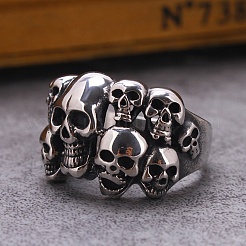 Anillos de dedo de acero inoxidable con múltiples calaveras y estilo steampunk&nbsp;SKUL-PW0005-08H