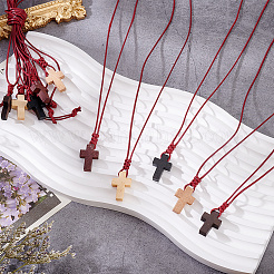 60 collier avec pendentif croix en bois et cordon en polyester ciré&nbsp;NJEW-NB00011