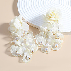 Boucles d'oreilles pendantes en dentelle fleurie et perles en plastique&nbsp;FS-WG0B8CF-04