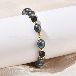 Elastische Armbänder aus natürlichen Süßwasserzuchtperlen und Lavasteinperlen für Damen&nbsp;BJEW-JB13714-01