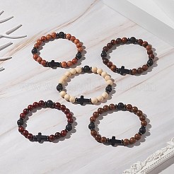 Pulsera elástica con cuentas de piedras preciosas y madera natural para hombres y mujeres&nbsp;BJEW-JB09292