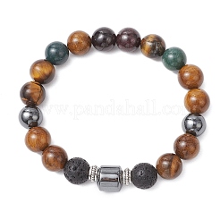 Stretch-Armbänder für Männer aus natürlichem Moosachat & Lavastein & Granat & Tigerauge & nicht magnetischen synthetischen Hämatit-Rundperlen&nbsp;BJEW-JB11942