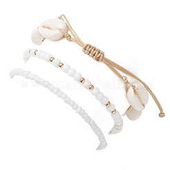 3 stücke 3 arten glas Saatperlen stretch armbänder & charme armbänder & natürliche gemischte kauri shell perlen geflochtene armbänder&nbsp;BJEW-TA00639