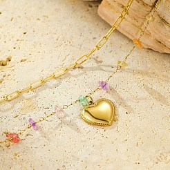 Collar con colgante de corazón de doble capa de acero inoxidable 304 y chip de piedra preciosa natural para mujer&nbsp;NJEW-U031-09G