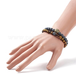 2 pièces 2 style agate patinée naturelle (teinte) et œil de tigre bracelets extensibles perlés ronds sertis de lion en alliage&nbsp;BJEW-JB08654