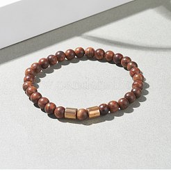 Bracciale elasticizzato in legno naturale con perline tonde con ematite sintetica per uomo donna&nbsp;BJEW-JB07549-04