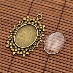 Annata impostazioni pendente cabochon lunetta fiore della lega di stile tibetano e trasparenti cabochon in vetro ovale&nbsp;DIY-X0225-AB-NF