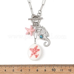 Colliers pendentifs ovales en porcelaine faits main avec pendentif en forme d'étoile de mer et d'animaux marins en acier inoxydable 304&nbsp;NJEW-JN06563