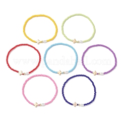 7 pulsera elástica de cuentas de vidrio con cruz de latón y perla de imitación.&nbsp;BJEW-MZ00299