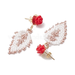 Boucles d'oreilles roses avec perles de rocaille en forme de feuille&nbsp;EJEW-MZ00222