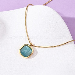 Collar con colgante de ojo de gato cuadrado de acero inoxidable 304 y turquesa oscura con cadena de serpiente redonda para mujer&nbsp;NJEW-K255-47G