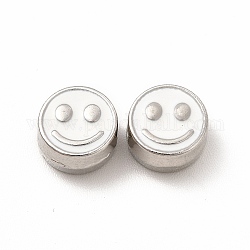 Perline di smalto in lega di placcatura a cremagliera, cadmio & nichel &piombo libero, rotondo piatto con motivo viso sorridente, platino, bianco, 7.5x4mm, Foro: 2 mm