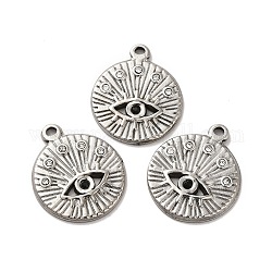 304 Stainless Steel Pendants, with Crystal Rhinestone, Flat Round with Eye Charms, Stainless Steel Color, 22x18.5x2mm, Hole: 2mm