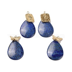 Lapis lazuli naturale ciondoli, fascino a goccia, con placcatura ionica (ip) tono dorato 304 rettangolo in acciaio inossidabile / risultati a farfalla, 38.5mm, lacrima: 32.5x23.5x4mm, Foro: 2 mm