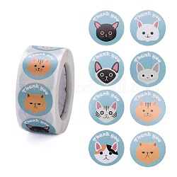 Flat Round Paper Thank You Stickers, Cartoon Animal Pattern with Word Thank you, Self-Adhesive Gift Tag Labels Youstickers, Cat Pattern, 6.3x2.95cm, 500pcs/roll