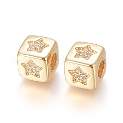 Perles européennes en laiton avec zircone cubique de micro pave, Perles avec un grand trou   , Plaqué longue durée, cube avec motif étoile, clair, or, 9x9x9.5mm, Trou: 4.5mm
