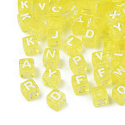 Perline acrilico trasparente, cubo con lettere miste casuali bianche, giallo, 6x6x6mm, Foro: 3.5 mm
