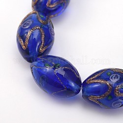 Ovale handgefertigten Goldsand Glasperlen, Blau, 16x11 mm, Bohrung: 2 mm