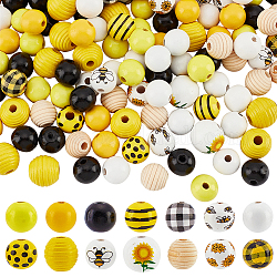 PH PandaHall 192pcs 14 Styles Sunflower Wooden Beads 16mm Bee Loose Round Beads Colorful Painted Wood Beads Yellow Beads for Summer Christmas Thanksgiving Farmhouse Jewelry Making Home Decor Macrame