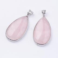 Gros pendentifs en quartz rose naturel, avec les accessoires en laiton de tonalité de platine, sans plomb et sans nickel, larme, 50x26x9mm, Trou: 5x6mm