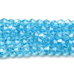 Transparentes cuentas de vidrio electroplate hebras, lustre de la perla chapado, facetados, bicono, cielo azul profundo, 3.5mm, aproximamente 108~123 pcs / cadena, 12.76~14.61 pulgada (32.4~37.1 cm)