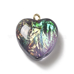 Transparent Resin Pendants, Heart Charms, with Gold Foil and Golden Tone Iron Loops, Dark Slate Gray, 23.5~24x22x11~12mm, Hole: 2mm
