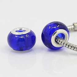 Handmade Glass Lampwork European Beads, with Silver Plated Brass Core, Rondelle, Dark Blue, about 14mm wide, 10mm long, hole: 5mm