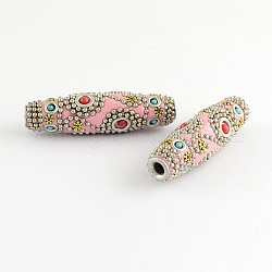 Oval Handmade Indonesia Beads, with Platinum Metal Color Aluminum Cores, Pink, 60x17mm, Hole: 4mm