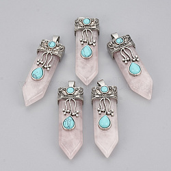 Ciondoli quazo rosa naturale, con accessori in lega, spada, argento antico, 49~55x16x10~11mm, Foro: 6.5x3 mm