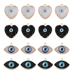 16Pcs 2 Style Druzy Resin Pendants, with Edge Light Gold Plated Iron Loops, Evil Eye & Heart with Evil Eye, Mixed Color, 17~23x19~23x5.5~7.5mm, Hole: 1.8~2mm, 8pcs/style