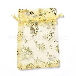 Pochettes à bijoux en organza avec cordon de serrage, sacs-cadeaux de fête de mariage, rectangle avec motif de fleurs estampé d'or, champagne jaune, 15x10x0.11 cm