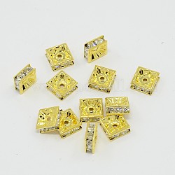 Perline distanziatori strass in ottone, quadrato, nichel libero, cirstallo, colore metallico oro, Dimensioni: su 8x8x4 mm, Foro: 1 mm