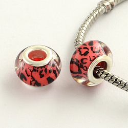 Large Hole Acrylic European Beads, with Platinum Tone Brass Double Cores, Rondelle, Red, 14x9mm, Hole: 5mm