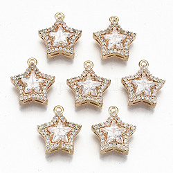 Brass Glass Rhinestone Charms, with Micro Pave Cubic Zirconia, Long-Lasting Plated, Cadmium Free & Lead Free, Star, Clear, 15x13x5mm, Hole: 1.2mm