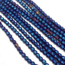 Electroplate Non-magnetic Synthetic Hematite Beads Strands, Faceted, Frosted, Round, Grade A, Blue Plated, 4mm, Hole: 1mm, about 100pcs/strand, 16 inch