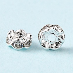 Perles séparateurs en laiton avec strass, Grade a, bord ondulé, couleur argentée, rondelle, cristal, 6x3mm, Trou: 1mm