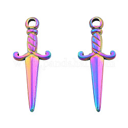 Ion Plating(IP) 201 Stainless Steel Pendants, Sword, Rainbow Color, 27.5x10.5x2.5mm, Hole: 2mm