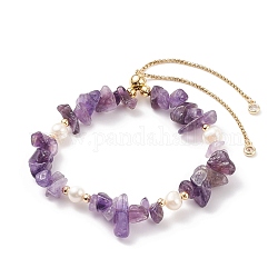 Bracelet coulissant en perles d'améthyste naturelle et perles, bijoux en pierres précieuses pour femmes, or, diamètre intérieur: 2-1/8~3-1/4 pouce (5.4~8.4 cm)