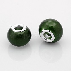 Rociar perlas europeas de vidrio pintado, abalorios con grande agujero, con núcleos de latón tono plata, verde oscuro, 14x11mm, agujero: 5 mm