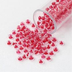 11/0 Grade A Transparent Glass Seed Beads, Inside Color, Cerise, 2.3x1.5mm, Hole: 1mm, about 5300pcs/50g