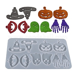DIY Halloween Theme Pendant Silicone Molds, Resin Casting Molds, for UV Resin & Epoxy Resin Jewelry Making, Hand Skeleton, Witch Hat, Pumpkin, Ghost, Mouth, White, 105x176x5mm, Hole: 3mm, Inner Diameter: 31~47x21~48mm